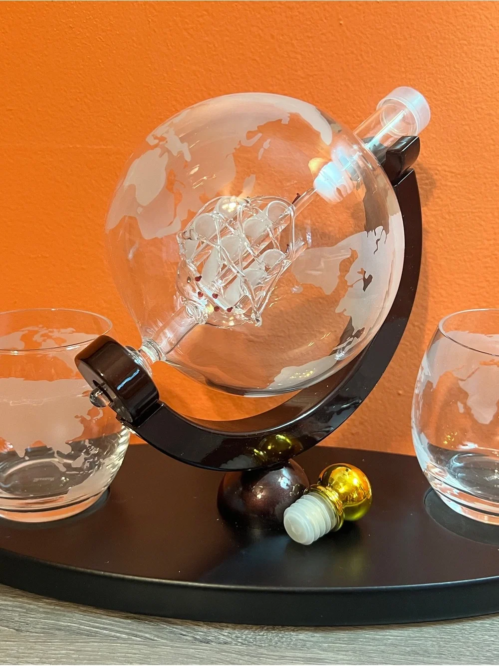 Godinger Voyages Decanter Set with Dark Wood Stand and Etched Globe Glasses